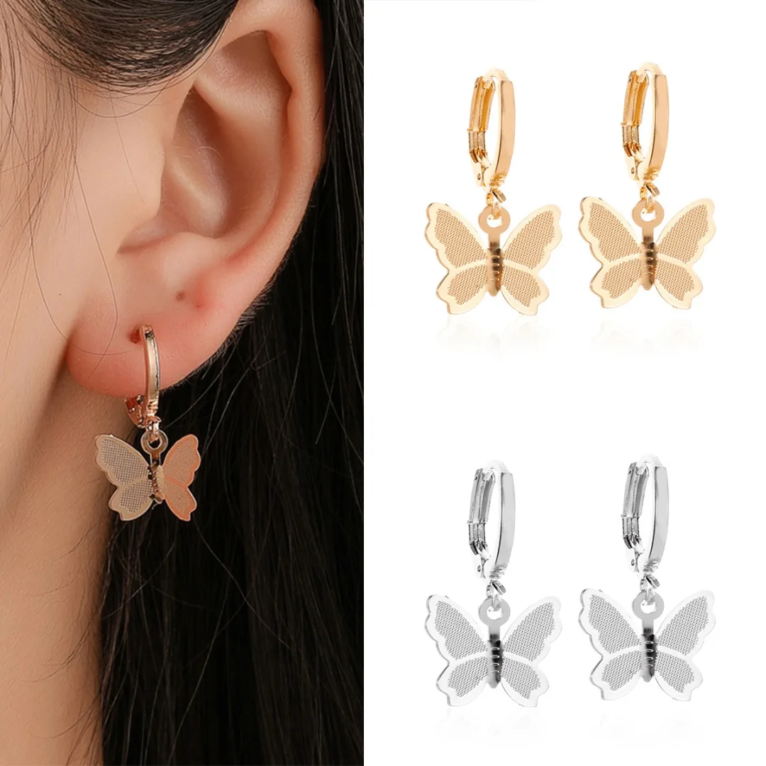 

Trendy Butterfly Earring Charm Vintage Frosted Butterfly Hoop Huggie Earring Gold Silver Small Round Hoop Earring Ear Jewelry