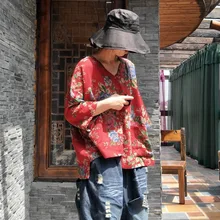 Женские свободные топы в стиле ретро с асимметричным подолом, женские футболки, женские футболки с v-образным вырезом и принтом в китайском стиле, футболки в национальном стиле