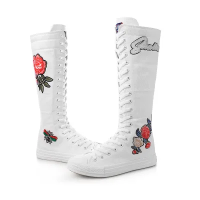 

Casual Canvas Shoes Women Mid-Calf Boots High-top Fashion Side Zipper Lace Up Ladies Embroider Shoes Footwear Plus Size 34-43