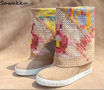 

Soft Leather Hidden High Heels Women Knee High Boots Slip On Rubber Sole Wedges Cross-Stitch Botas Mujer Winter Shoes Woman