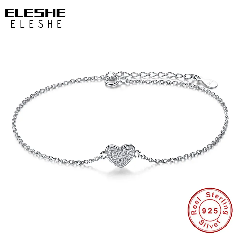 ELESHE Women Bracelet 925 Silver Sterling Austrian Crystal Rhinestones Heart Link Chain Bracelet for Women Fashion Jewelry