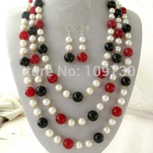 

Jewelry 00834 Natural White Round FW Pearl&Red Jade&Onyx Necklace 925 Silver Earrings Set