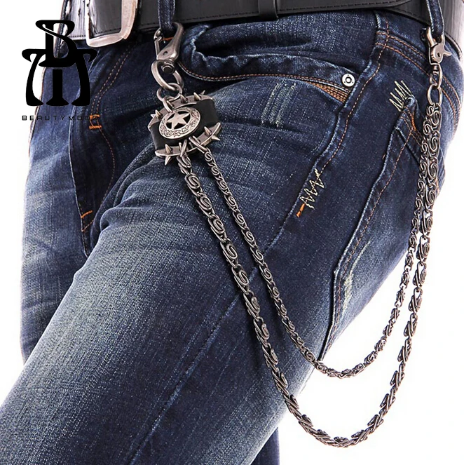 Hip Hop Chains Unisex Black Star Wallet font b KeyChain b font Punk Biker Trucker Men