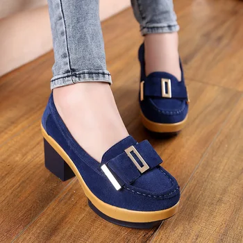 

Spring Fashion Bowtie High Heels Round Toe Pumps For Women Genuine Leather Ladies Leisure Shoes Size 25-61 Blue Green Wine Red