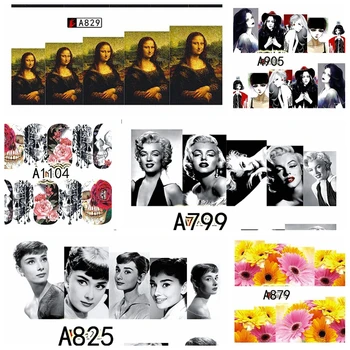 

12 sheet 3D Rose Skull Flowers Monroe Hepburn Mona Lisa Portrait Cat Monkey Water Transfer Nail Art Stickers Decals A745-1104