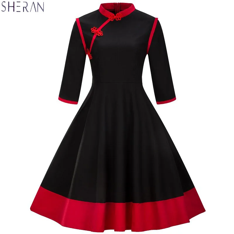 

SHERAN 2018 Spring New Big Swing Dress Vintage Seven Points Sleeve Button Collar Dress Elegant Casual Tunic Wear Tunique Femme