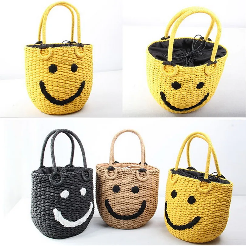 ابتسامة تصميم أعلى-مقبض دلو أكياس حمل حقائب محفظة النساء القش نسج حقائب الشاطئ السيدات الكتف Crossbody حقائب تسوق للبقالة