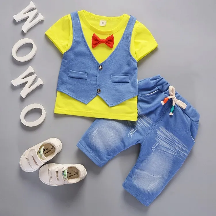 Летний костюм для мальчиков Повседневный жилет с короткими рукавами для маленьких мальчиков, комплект из футболки и штанов комплект детской одежды из 2 предметов - Цвет: Цвет: желтый