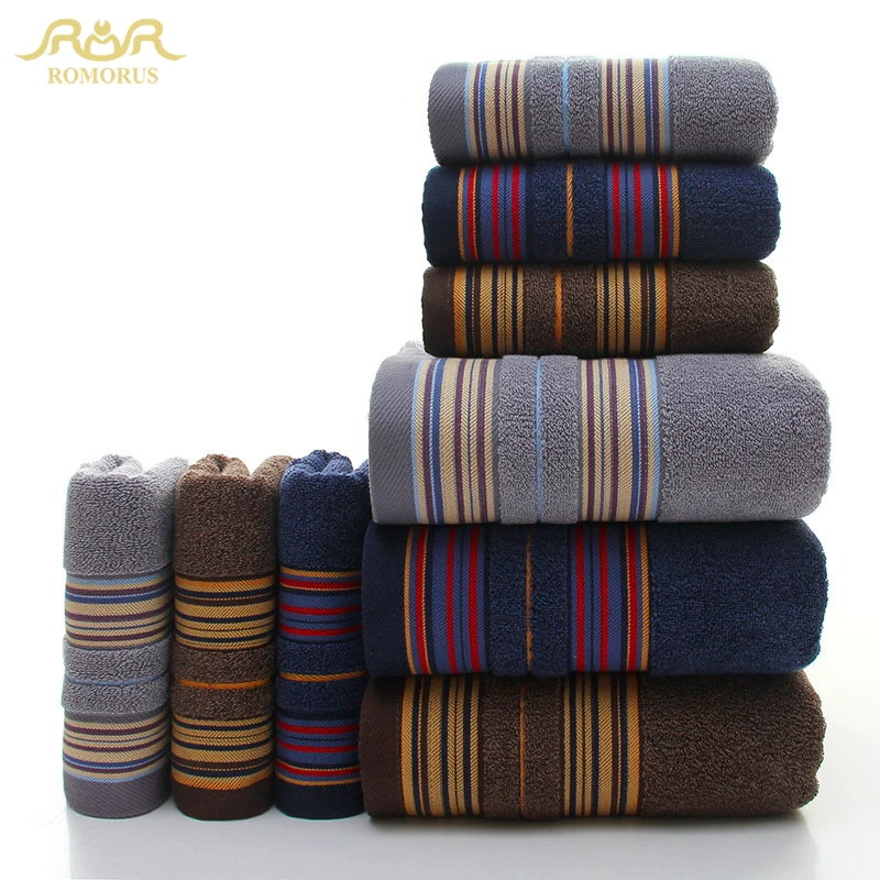 

ROMORUS 3-Pieces/Set Thicker Stripe Pattern Soft 100% Cotton Towel Set Bathroom Super Absorbent Blue Gray Bath Towel Face Towels