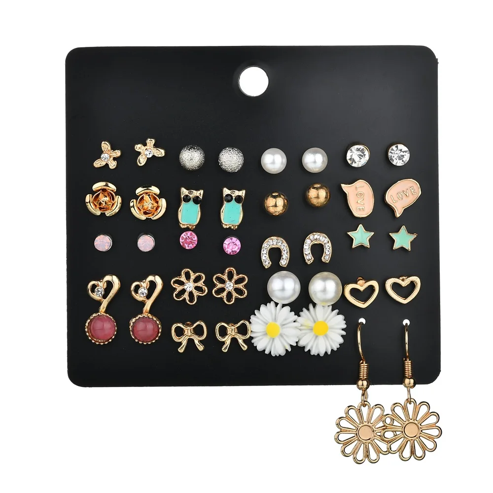 

MissCyCy 20 Pairs/lot Alloy Heart Bow Owl Flowers Earrings Set Fashion Rhinestone Imitation Pearl Earrings for Women Jewelry