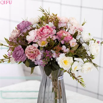 

1 Bouquet Peony Artificial Flowers DIY Party Decoration Vintage Silk Artificial Flowers Small Rose Wedding Fake Flowers Festival