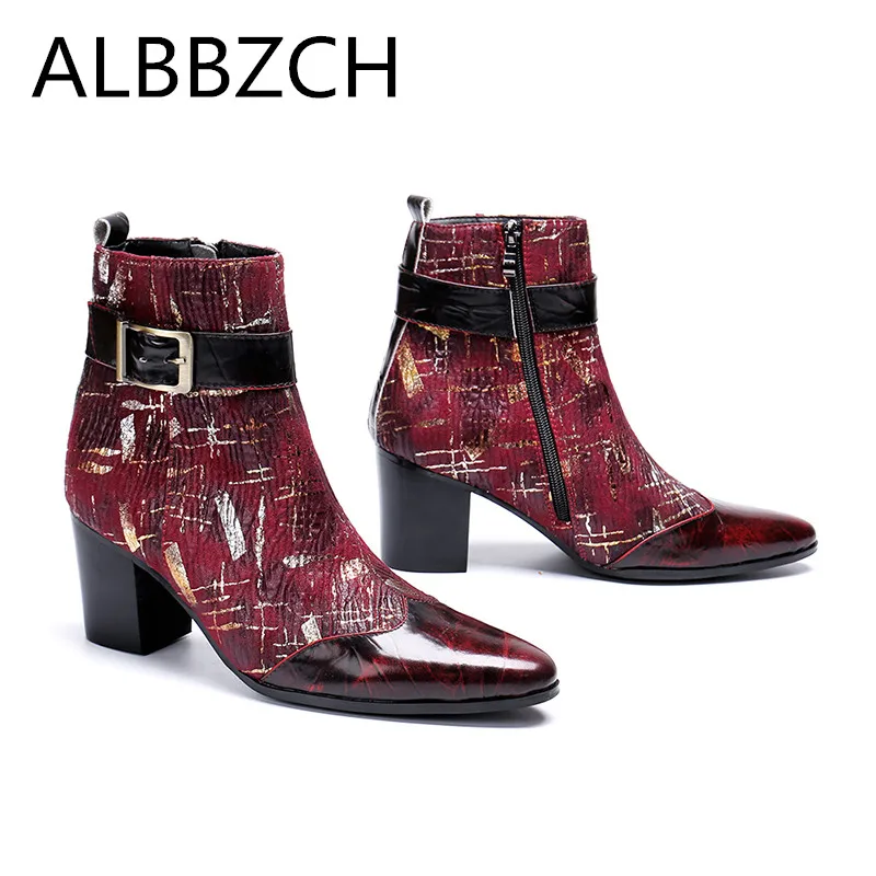 Cuero Botas Aumento Boda red Tacón Moda Trabajo Carrera Alto La Nuevos Hombres Tobillo Hebilla Impresión Los Zapatos Altura De Black q8nYfgS