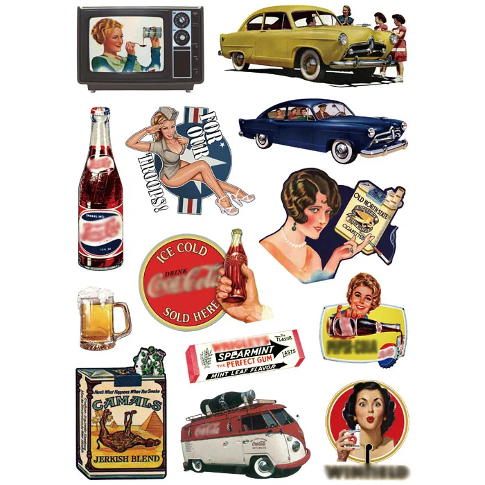 13x Sticker Vintage Items Retro A4 Size Phone iPad Tablet Laptop Luggage Skateboard Bicycle Motorcycle Auto Car Styling Decal