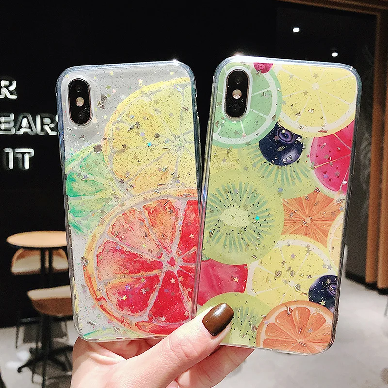 

Luxury Gold Foil Bling Fruit Transparent Phone Case For iPhone X XS Max XR Soft TPU Cover For iPhone 6 6s 7 8 Plus Glitter Cases