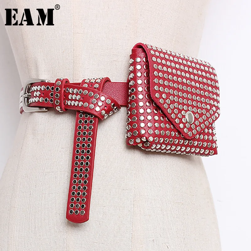 

[EAM] 2019 Spring Summer PU Leather Woman New Solid Covered Single Belt Rivet Decoration Small Square Waistbag Belt LE284