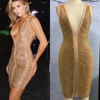 

2018 Gold Fashion Bandage Dress V neck Sexy Women Backless Luxury Celebrity Clain Bodycon Vestidos Sleeveless Autumn Party Festa