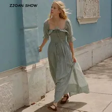 Новинка, женское платье во французском стиле с объемными оборками и квадратным воротником, длинное платье макси с открытой спиной, платья с коротким рукавом, Vestido