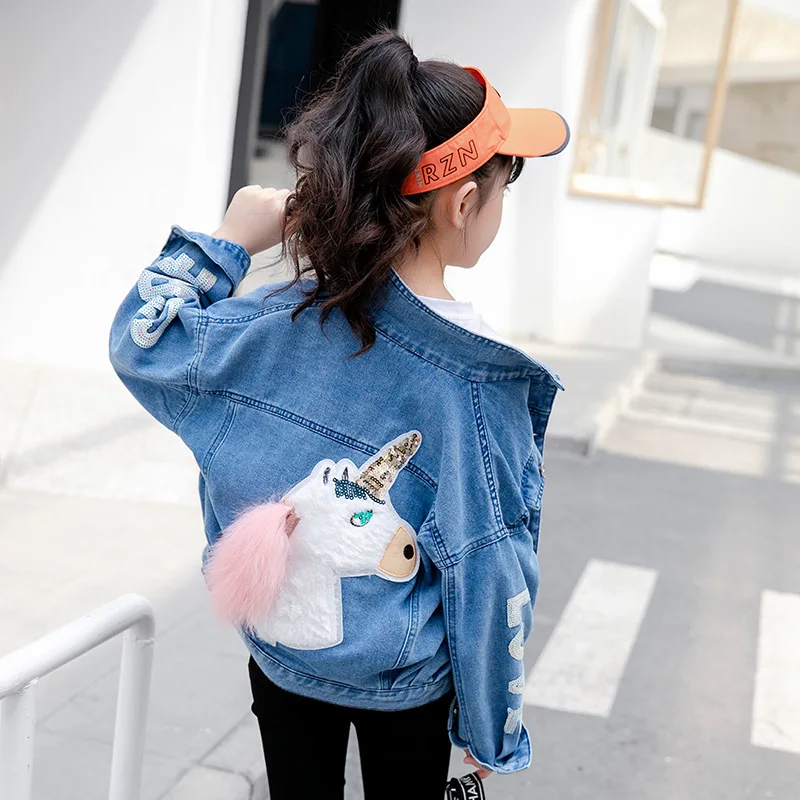 Unicórnio de Lantejoulas Jaqueta para Meninas Outono do Bebê Denim Cabolsas Crianças Roupas Meninas Outerwear Jean Jaquetas Criança
