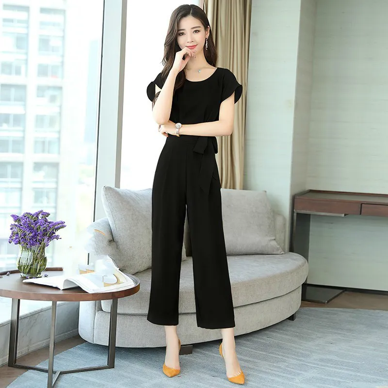

Elegant Solid Summer Black Jumpsuits For Women 2019 O-neck Short Sleeve Mid Waist Workwear Jumpsuit Plus Size 3XL