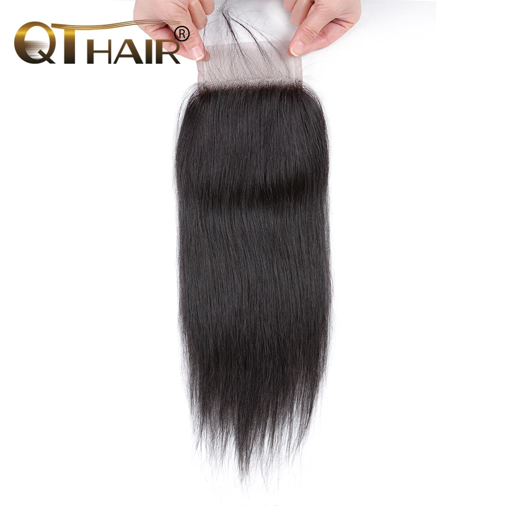 QT Hair 4X4 Lace Closure Brazilian Straight Human Remy Transparent Free/Middle/Three Part With Baby 10-20 Inch | Шиньоны и парики