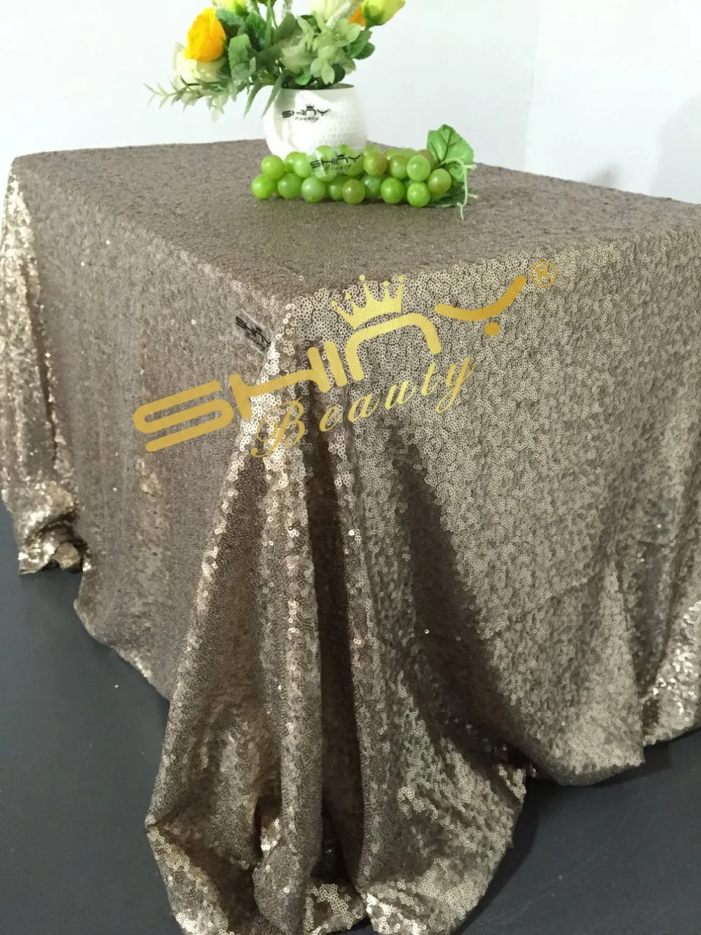 ShinyBeauty 90x156 Inch Sequin Tablecloth Square Brown for Wedding