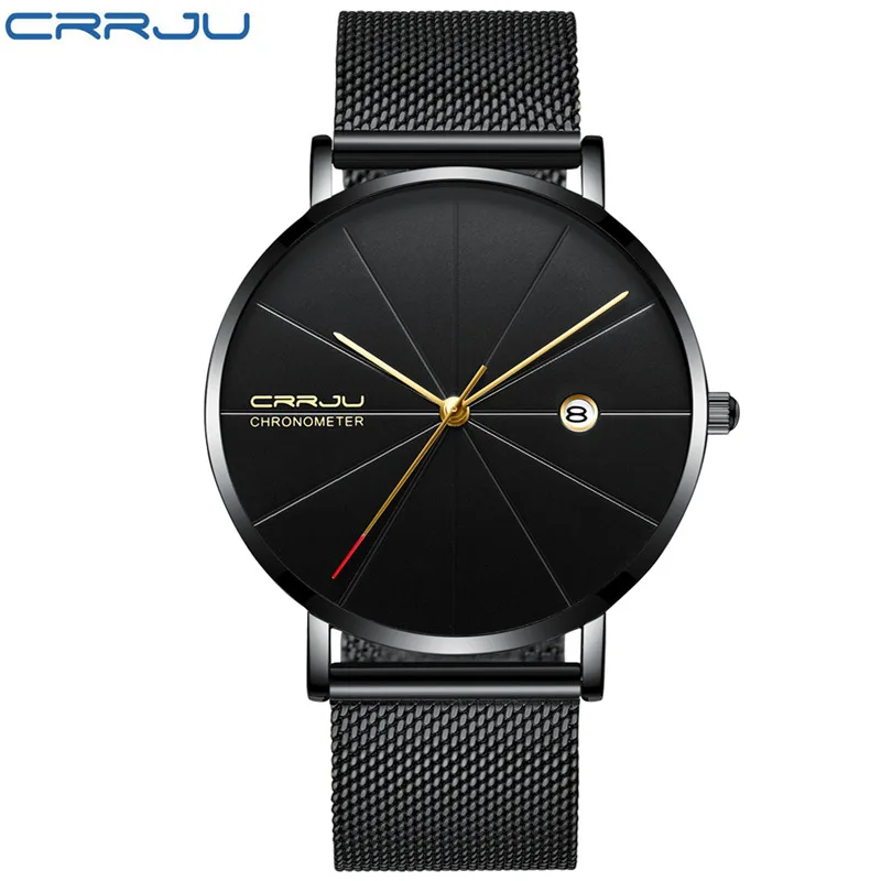 CRRJU мужские часы Топ бренд класса люкс ультра тонкие мужские часы водонепроницаемые спортивные часы для мужчин Авто Дата часы из нержавеющей стали reloj hombre - Цвет: Черный