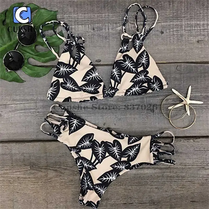 Cupshe Hot Women Black Leaves Reversible Bikini Set Hot Sex Picture