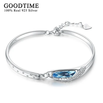 

Fashion 100% Sterling Silver 925 Jewelry Women Fashion Bangle Jewelry Classic Blue Crystal Pure 925 Silver Bracelets