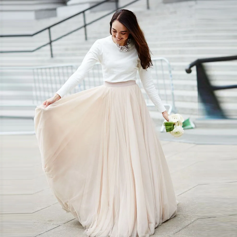2017 Idyllic Chiffon Long Skirts For Bridal Custom Made Beige Color Pleated Floor Length Skirt Women High Quality Female Skirt