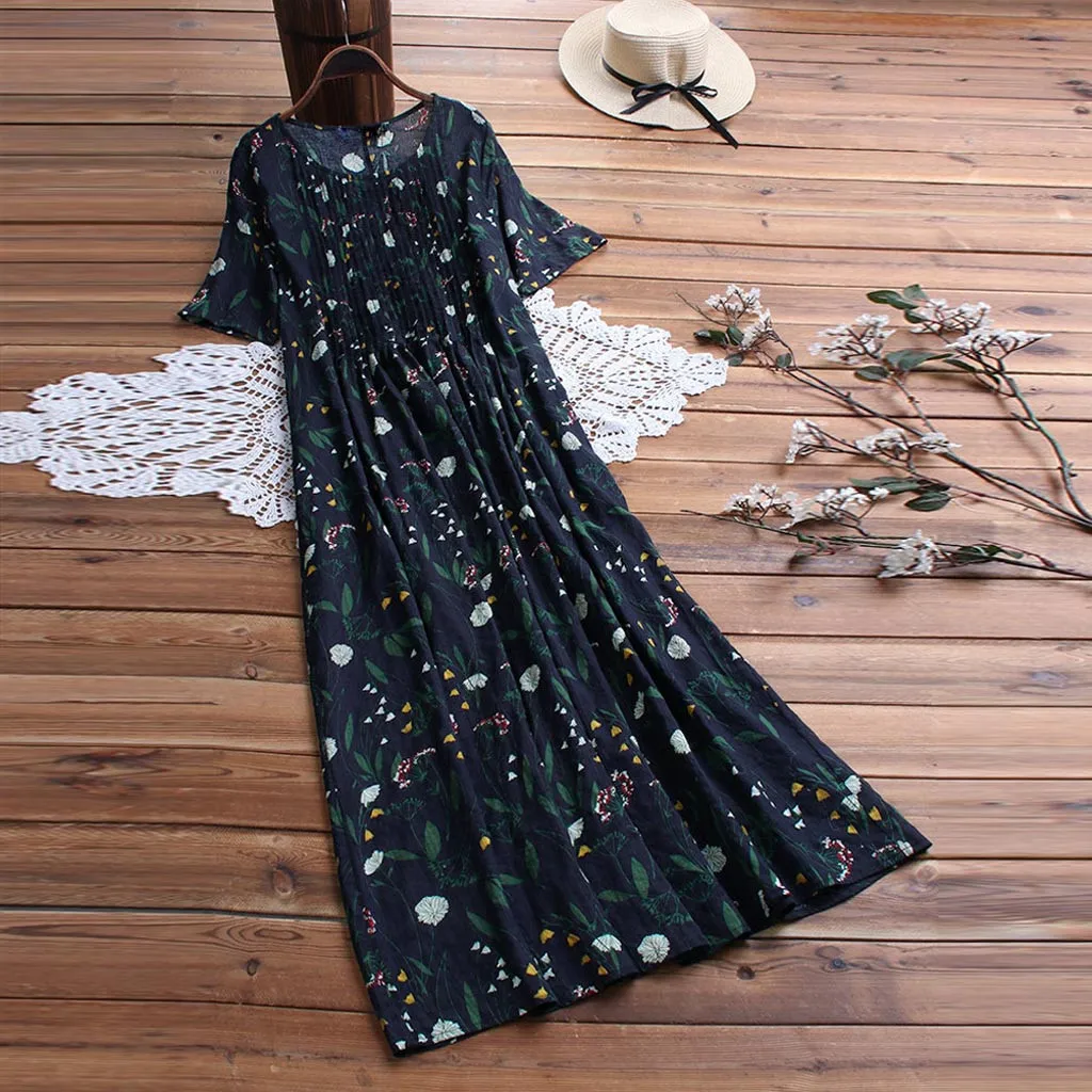 Women Summer Dress Pleated Leaves Floral Print O-Neck Short Sleeve Vintage Maxi Dress Female Fashion Vestidos Plus Size M40