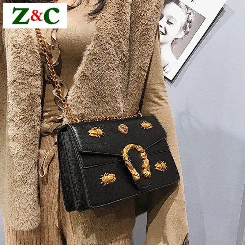 

Luxury Designer Chain Metal Insect Shoulder Messenger Bag Fashion Casual Crossbody Bags Retro Flap Women Leather Handbags Clutch