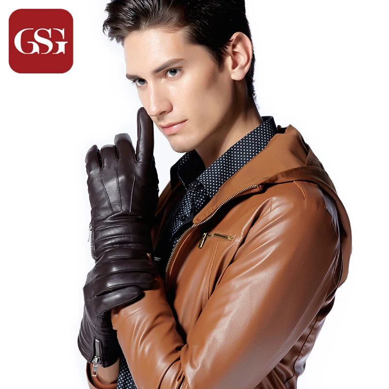 GSG мужские модные перчатки из овечьей кожи с сенсорным экраном, Брендовые повседневные мужские варежки на молнии с тиснением для вождения, зимние теплые коричневые перчатки Luvas