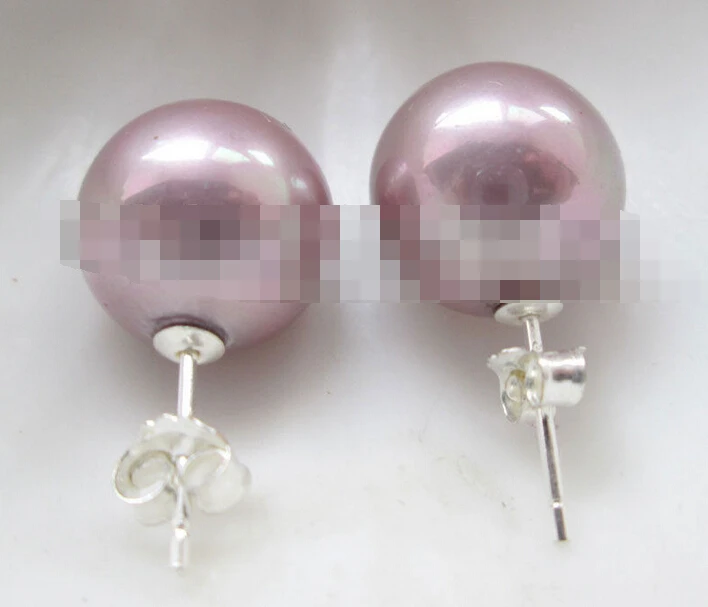 

Hot selling> free shipping 00327 perfect round purple sea shell pearl earring -Bride jewelry free shipping