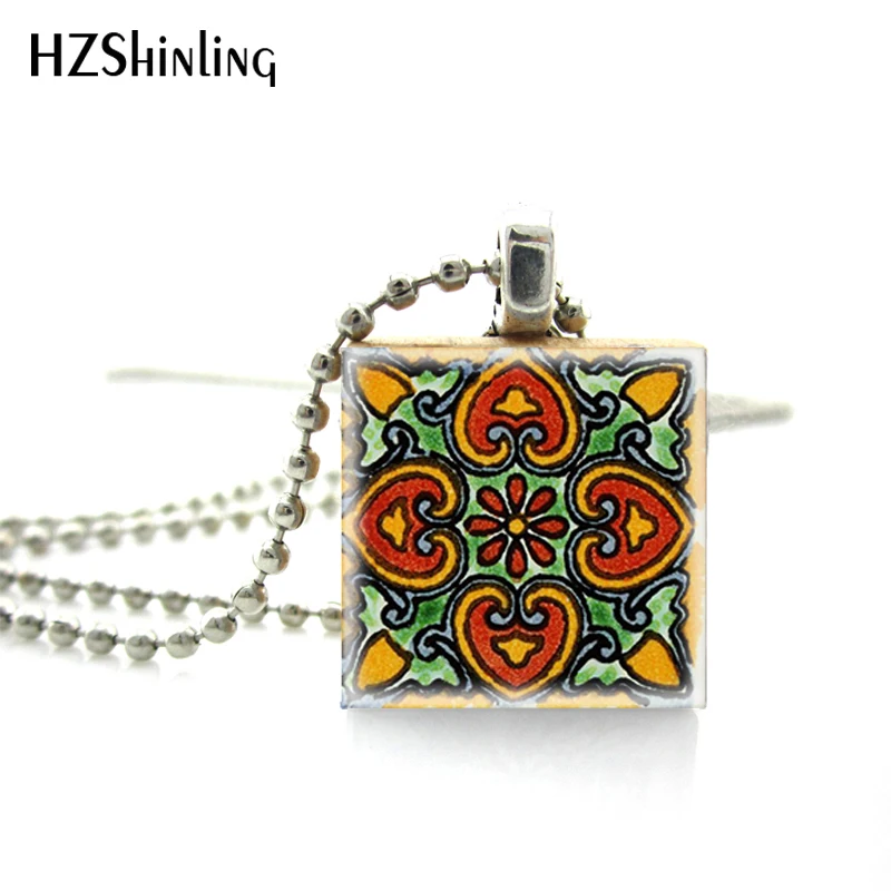

Vintage Hand Painted Mexican Talavera Tiles Patterns Print Painting Scrabble Tile Necklace Handmade Wooden Pendants Necklaces