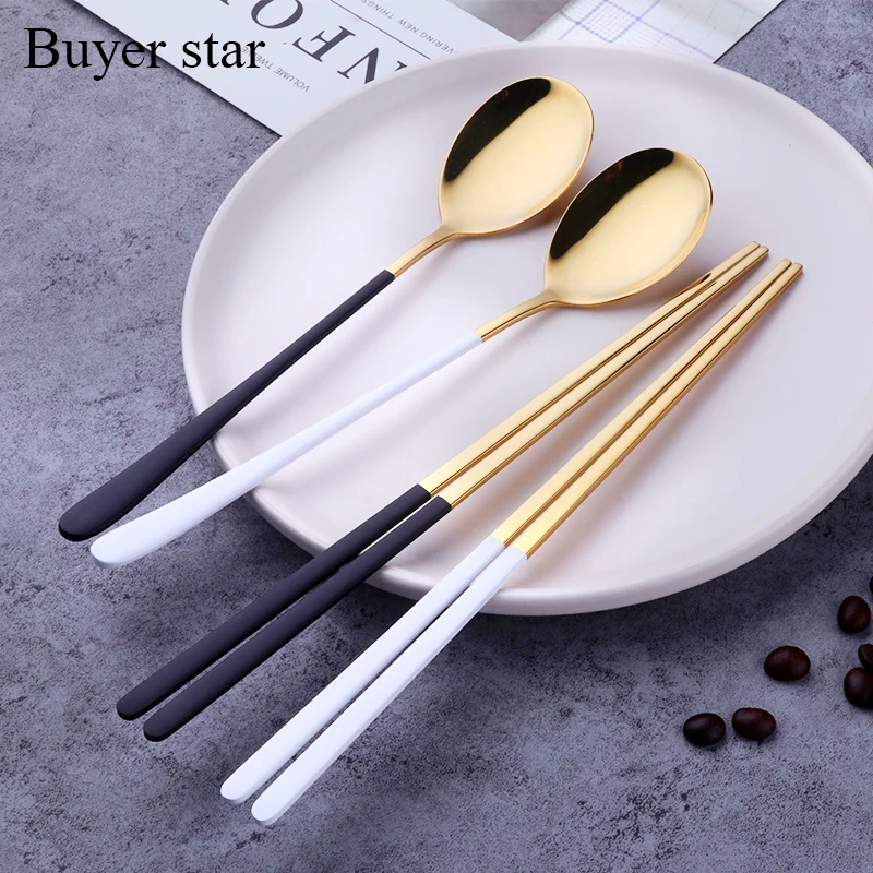 304 Stainless Steel Silver Chopsticks Spoon Set Korean Reusable Black
