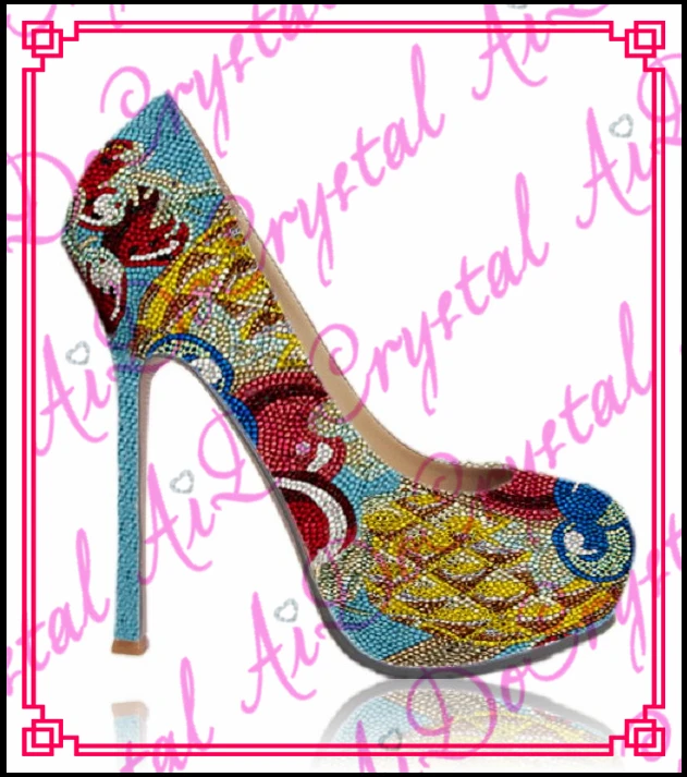 

Aidocrystal plus size women pumps closed toe beautiful crystal pattern ladies 14cm high heel shoes