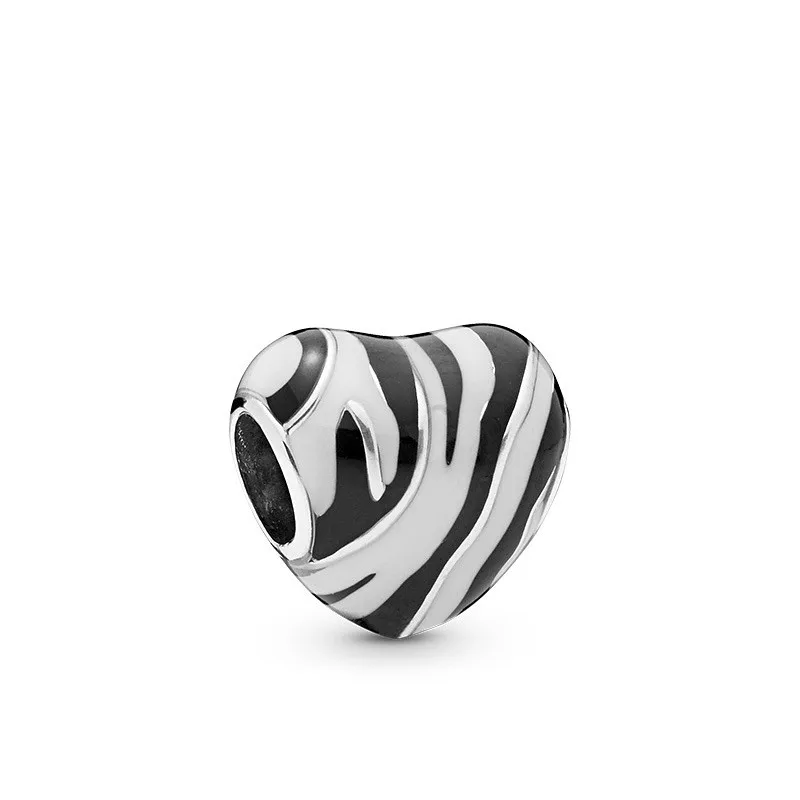 

5PCS Trendy Silver Bijouxs Zebra Color Enamel Heart Loose Stripe Bead Fit Black White DIY Women Bracelet Necklace Jewelry Making