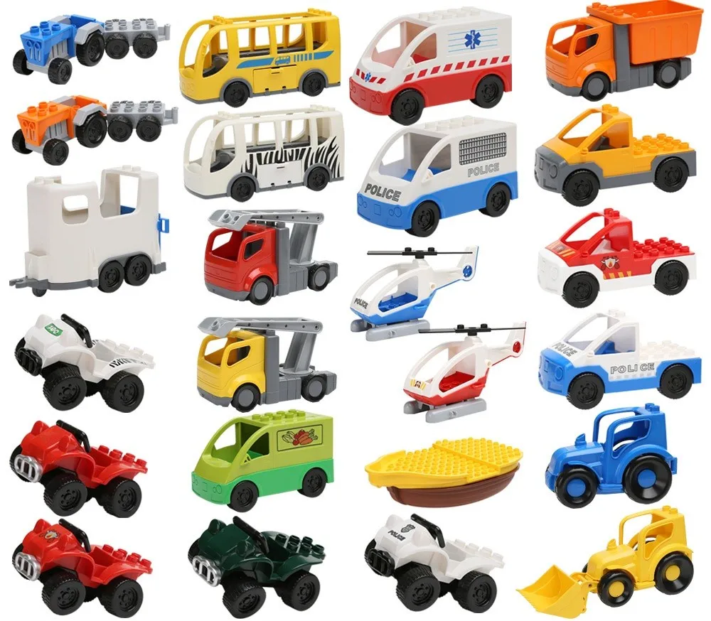 

Car City Cartoon Car Trailer Truck Tractor Plane duplo mini figures education accessorie Building Block Brick toys
