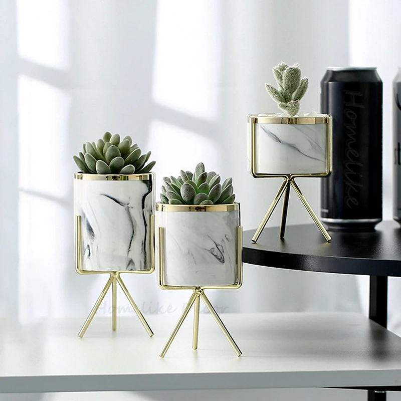 Ceramic Flower Pot Iron Frame Stand Decor for Succulents Plant Home Desk Garden 