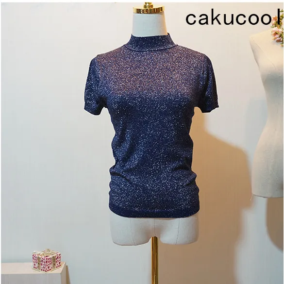 

Cakucool Silver Lurex Summer Tops Women Short Sleeve Stand Collar Knit t-shirt Pullover Bling Slim Spring Basic tshirts Female
