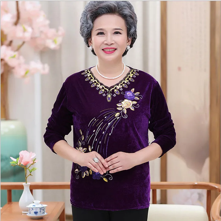 Велюровые рубашки женские с длинным рукавом Пуловеры джемпер Весна Осень нового размера плюс среднего возраста топы для мамы - Цвет: purple  B3005110