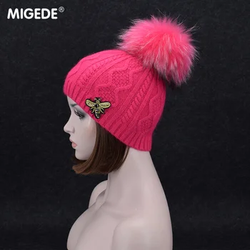 

Super beautiful Raccoon fur pompoms winter womens Knitted wool hat new arrival fashion Skullies Solid Color Beanies Hats Bonnet