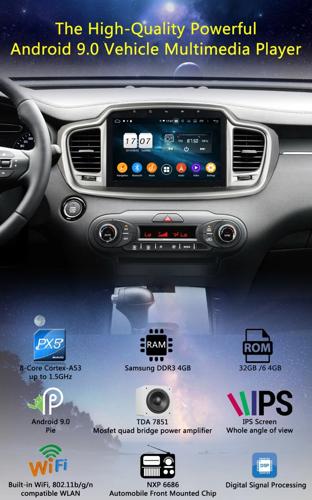 Excellent 10.1" IPS Octa Core 4G RAM+64G ROM Android 9.0 Car DVD Radio GPS For KIA sorento 2015 2016 DSP CarPlay Parrot BT Stereo Adas 1