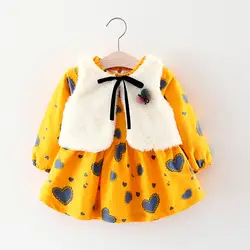 Платье для девочек, вельветовое платье в клетку + жилет, комплект из 2 предметов, зимняя плотная теплая Повседневная Детская одежда