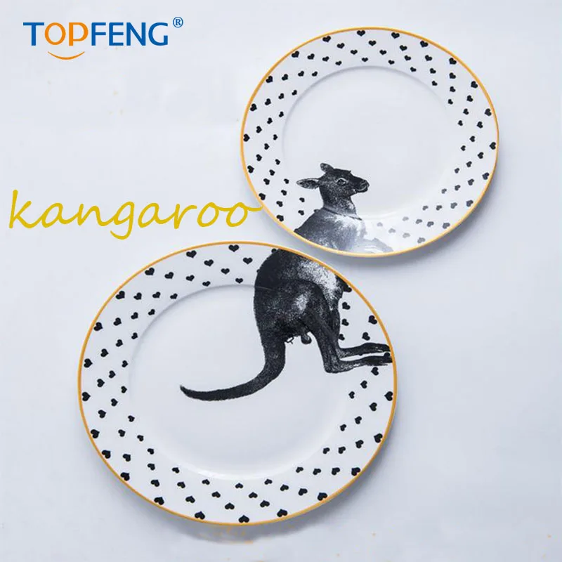 TOPFENG фарфоровая тарелка с животным дизайном, набор посуды, керамическая тарелка для салата, Зебра, жираф, Антилопа, кенгуру(2 шт. 8/10 дюйма - Цвет: kangaroo