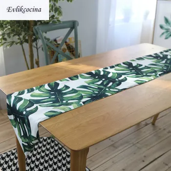 

Free Shipping Green Big Leaves Table Runner Decoracion Mesa Hogar Cotton Linen Chemin De Table Tafelloper For Party Decor