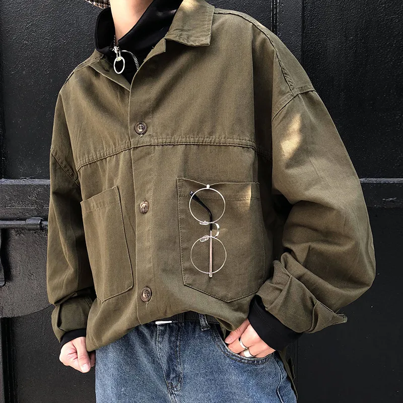 Turn-down Collar Curved Hem Oversized Shirt Men 2018 Autumn High Street Loose Style Men's Shirt Black Green