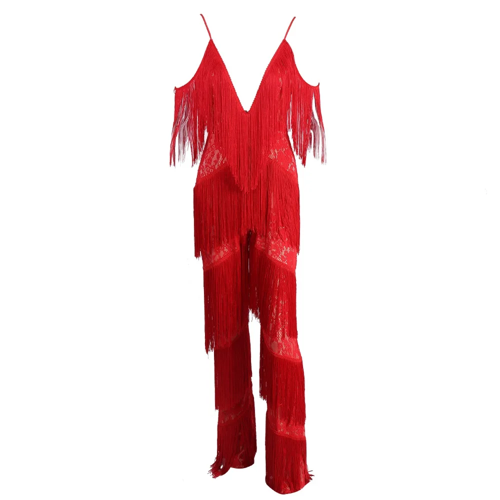 red fringe jumpsuit