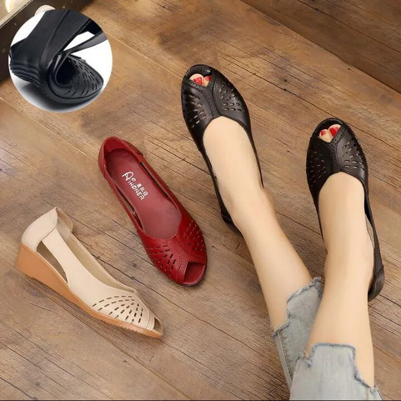 

2019 Women Shoes Summer New Fashion Genuine Leather Platform Sandals Open Toe Mother Wedges Casual Sandals Ladies Flat Sandals