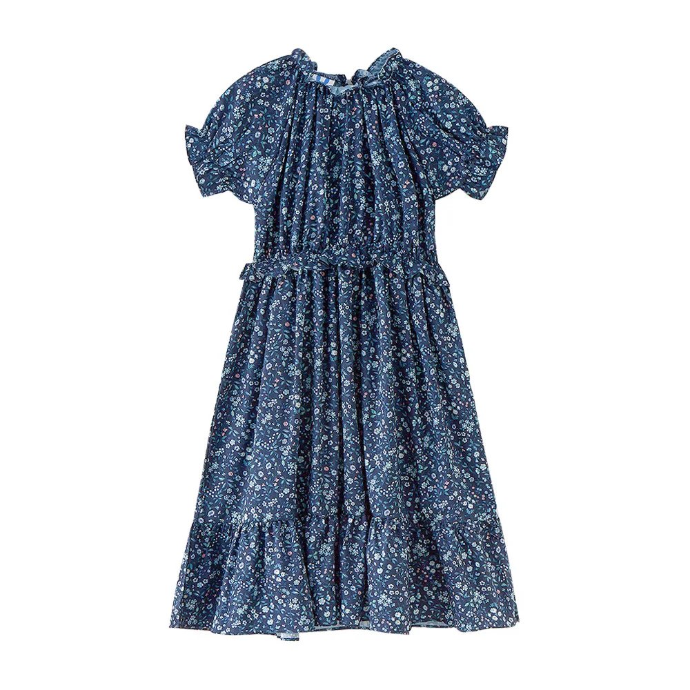 

girls Floral dress summer casual cotton print kids girl dresses blue o-ncek flower girl short dresses for 6 8 10 12 14 16 years